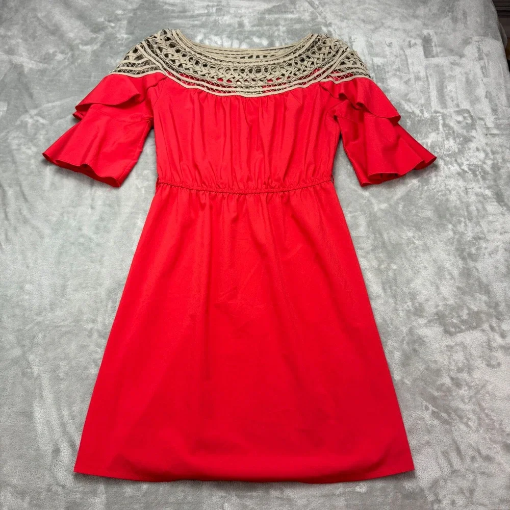 DejaVu‎ Red Crochet Neck Ruffle Bell Sleeve Mini Dress Womens Medium